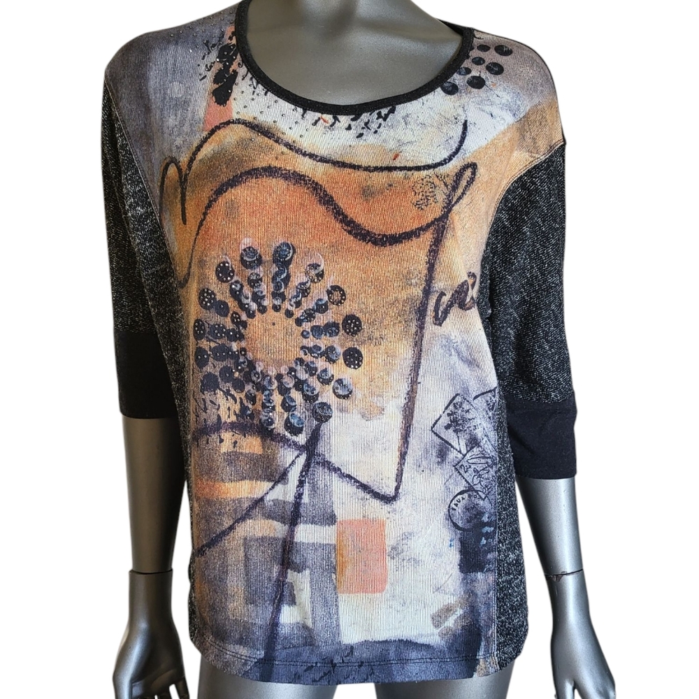 121. Simply Art by Dolcezza Abstract Graphic 3/4 Sleeve Top - Size L